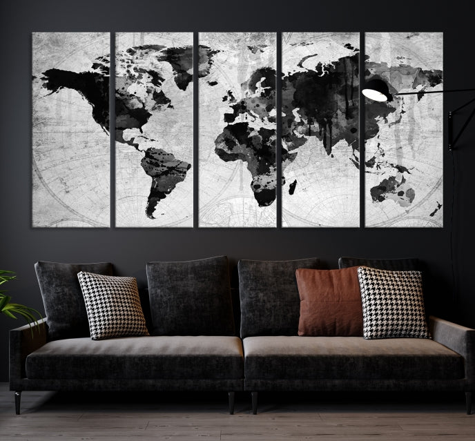 Large Black World Map Wall Art Framed Canvas Giclee Print