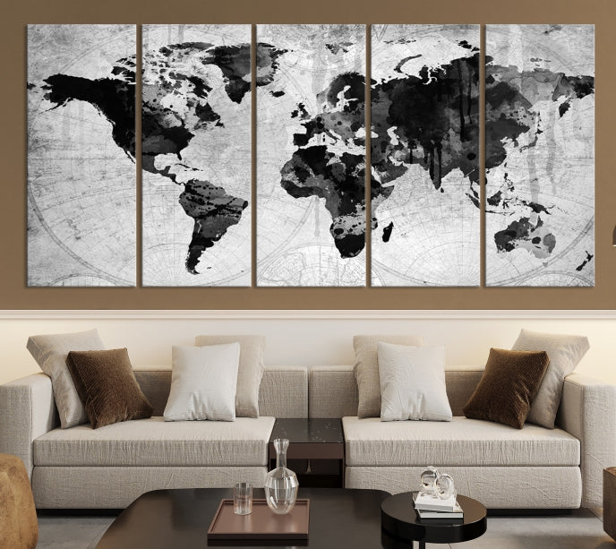 Large Black World Map Wall Art Framed Canvas Giclee Print