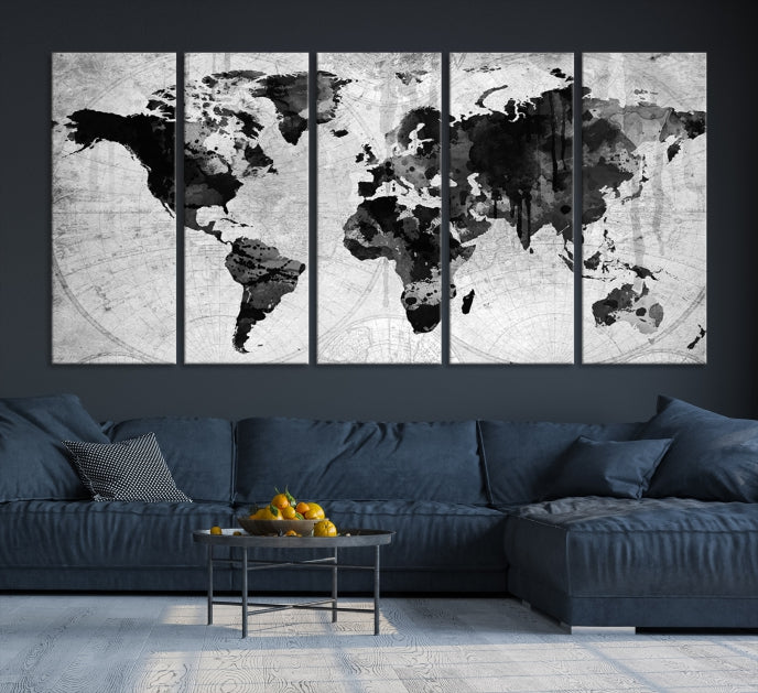 Large Black World Map Wall Art Framed Canvas Giclee Print