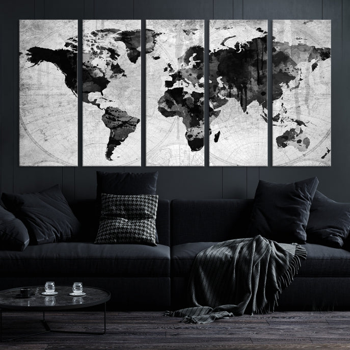 Large Black World Map Wall Art Framed Canvas Giclee Print