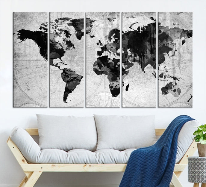 Large Black World Map Wall Art Framed Canvas Giclee Print