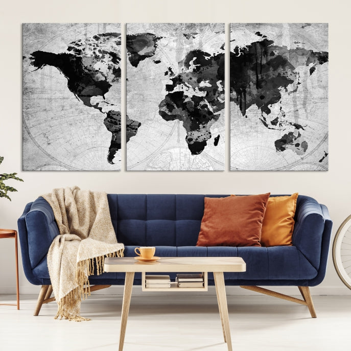 Large Black World Map Wall Art Framed Canvas Giclee Print