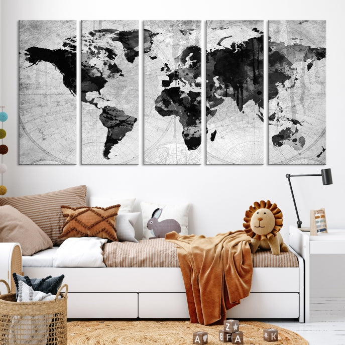 Large Black World Map Wall Art Framed Canvas Giclee Print