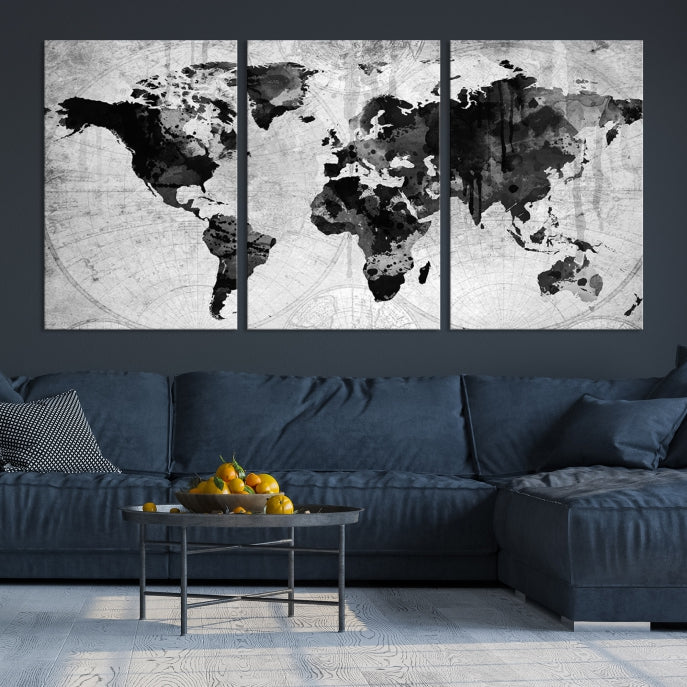 Large Black World Map Wall Art Framed Canvas Giclee Print