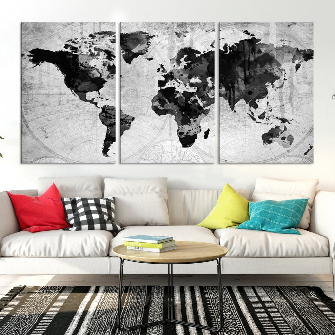 Large Black World Map Wall Art Framed Canvas Giclee Print