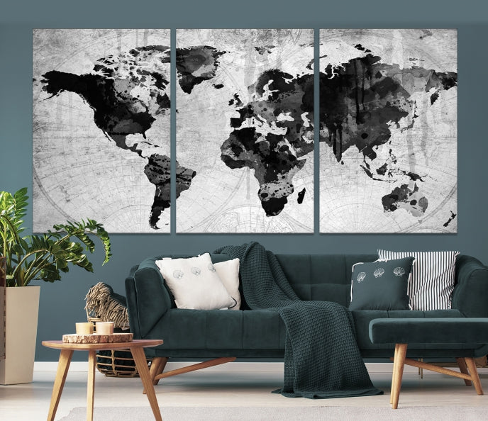 Large Black World Map Wall Art Framed Canvas Giclee Print