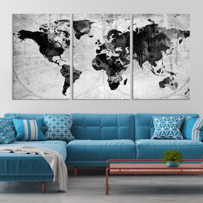 Large Black World Map Wall Art Framed Canvas Giclee Print