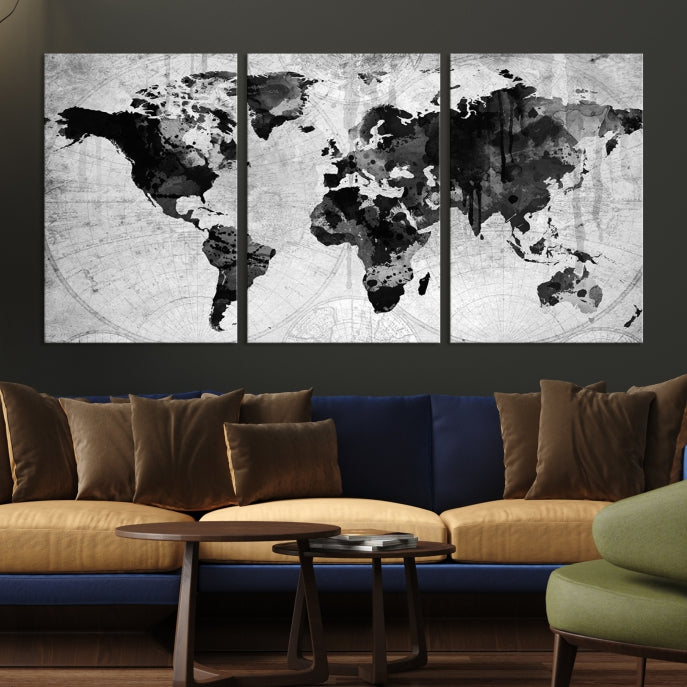 Large Black World Map Wall Art Framed Canvas Giclee Print