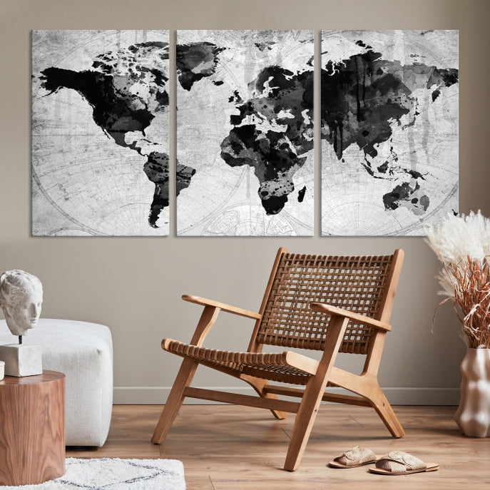 Large Black World Map Wall Art Framed Canvas Giclee Print