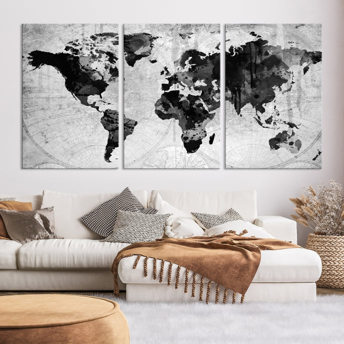 Large Black World Map Wall Art Framed Canvas Giclee Print