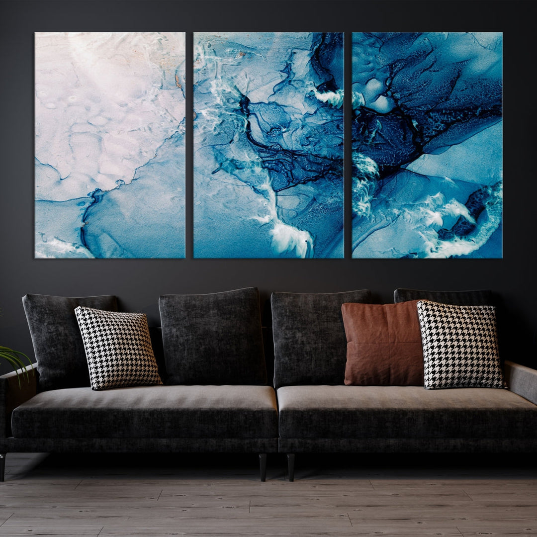 Large Blue Fluid Effect Abstract Marble Canvas Wall Art Print