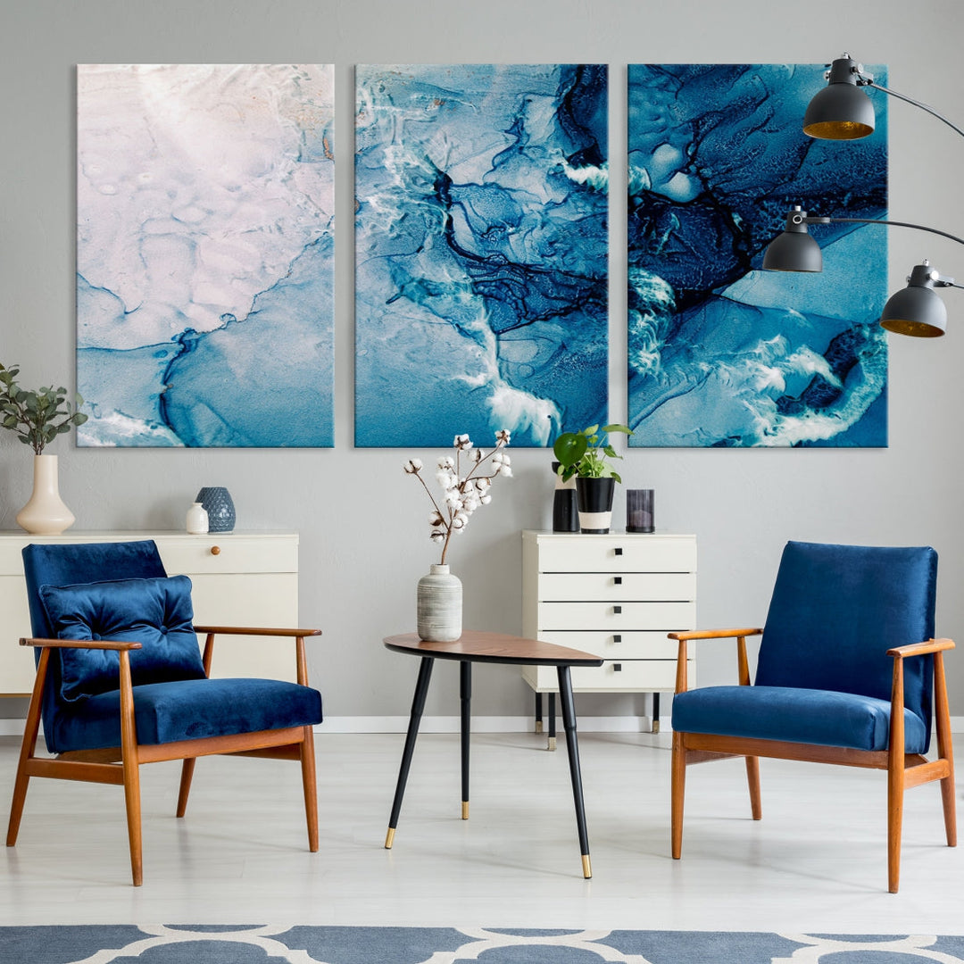 Large Blue Fluid Effect Abstract Marble Canvas Wall Art Print