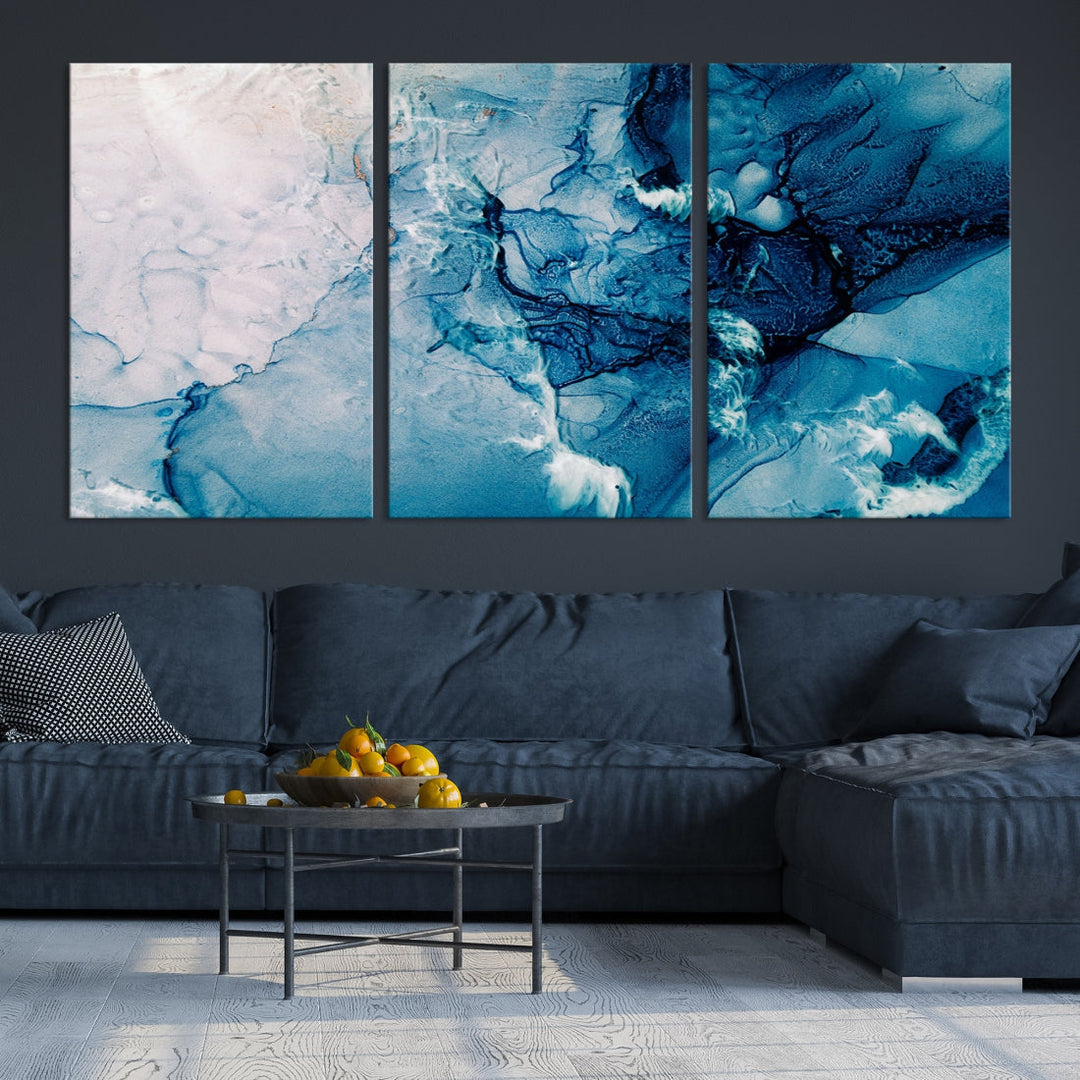 Large Blue Fluid Effect Abstract Marble Canvas Wall Art Print