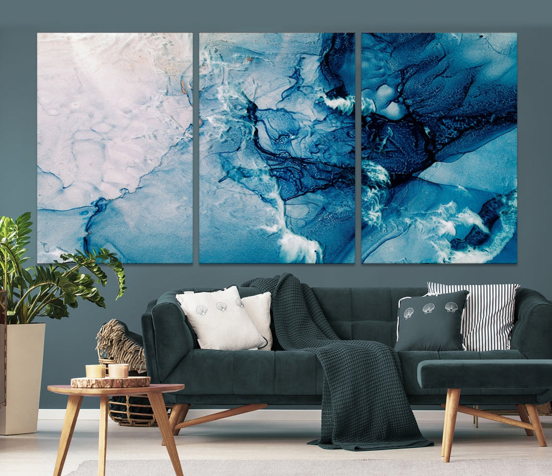 Large Blue Fluid Effect Abstract Marble Canvas Wall Art Print