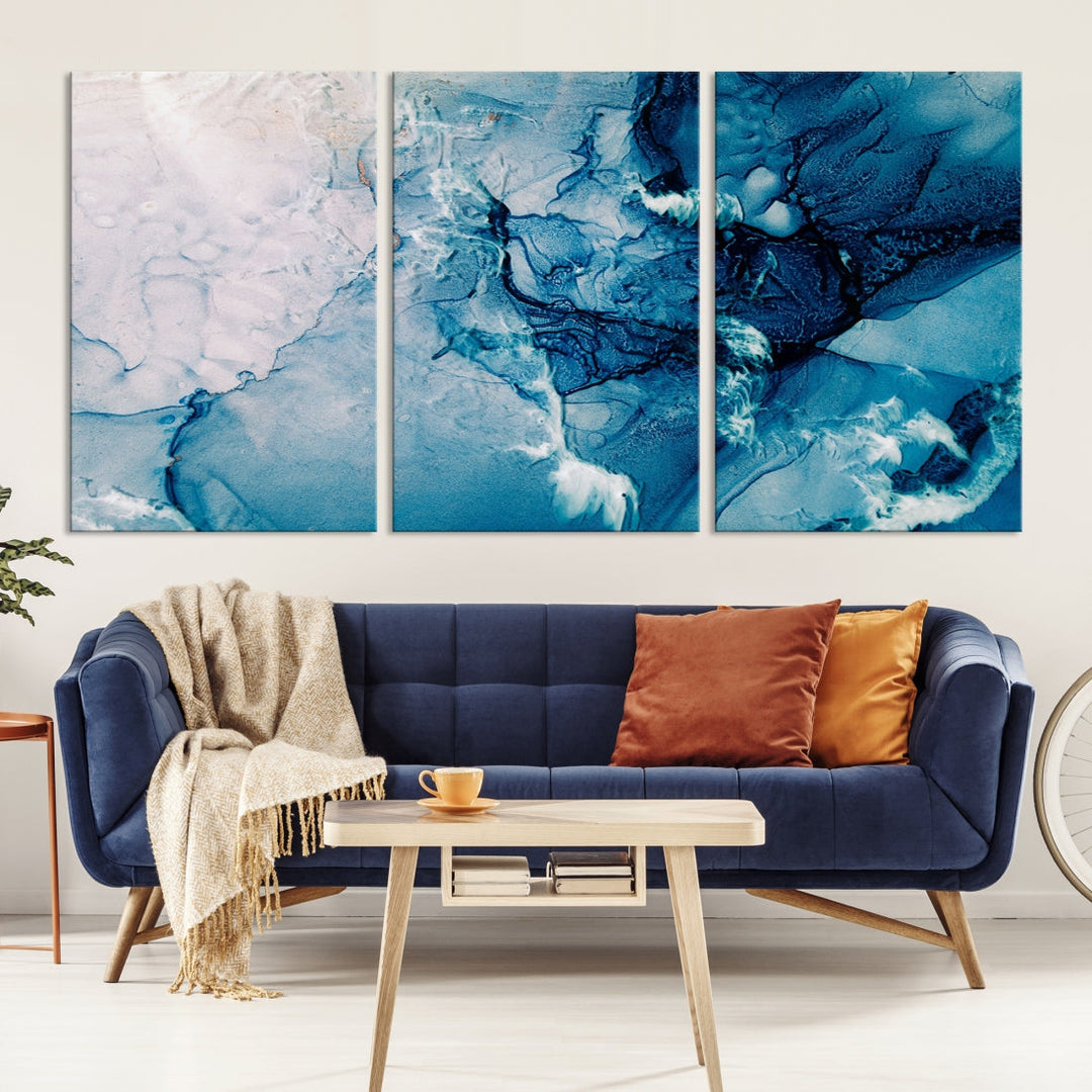 Large Blue Fluid Effect Abstract Marble Canvas Wall Art Print