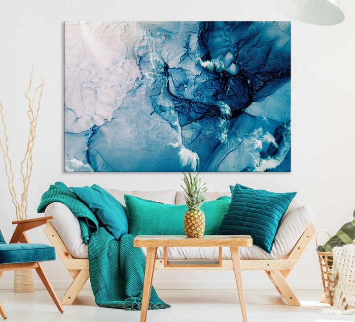 Large Blue Fluid Effect Abstract Marble Canvas Wall Art Print