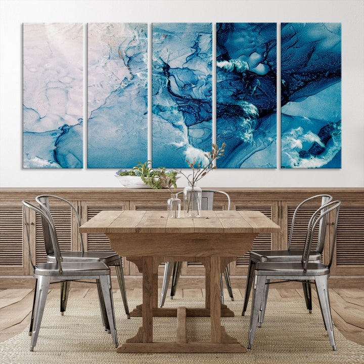 Large Blue Fluid Effect Abstract Marble Canvas Wall Art Print