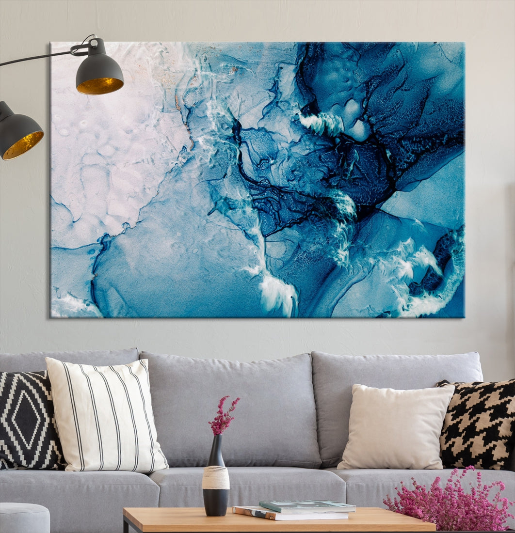 Large Blue Fluid Effect Abstract Marble Canvas Wall Art Print