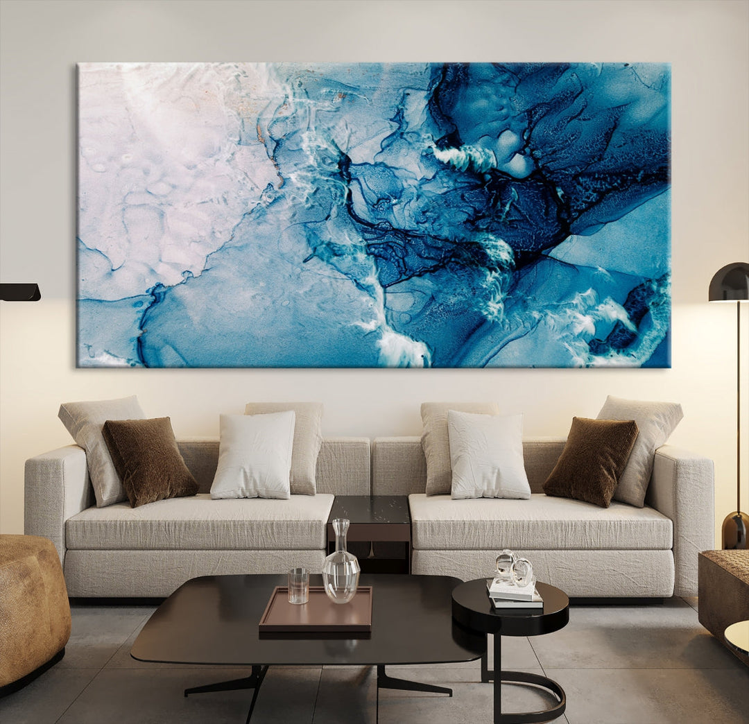 Large Blue Fluid Effect Abstract Marble Canvas Wall Art Print