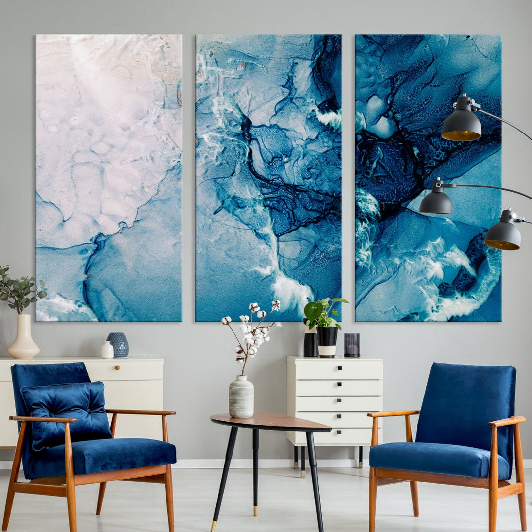 Large Blue Fluid Effect Abstract Marble Canvas Wall Art Print