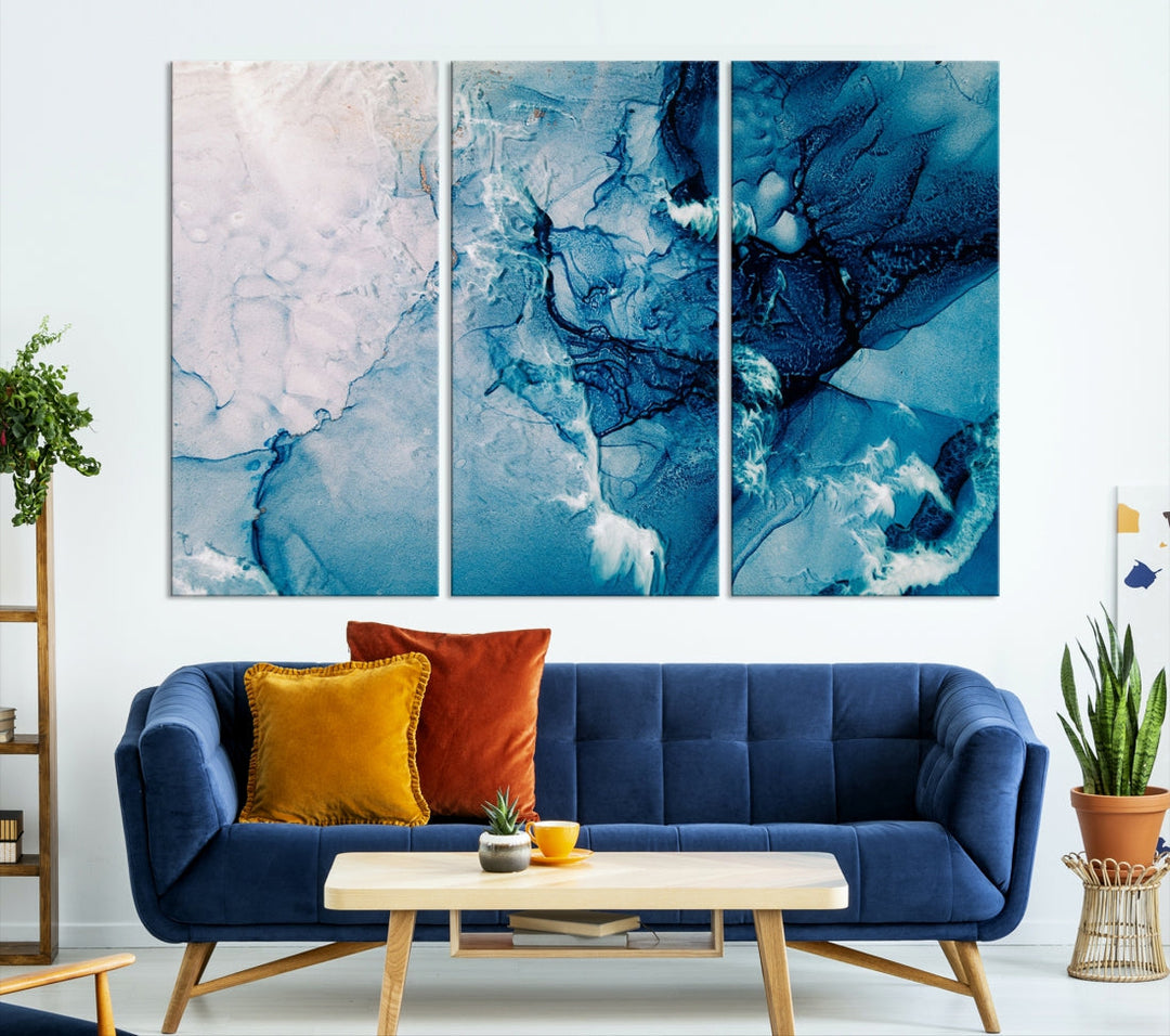 Large Blue Fluid Effect Abstract Marble Canvas Wall Art Print