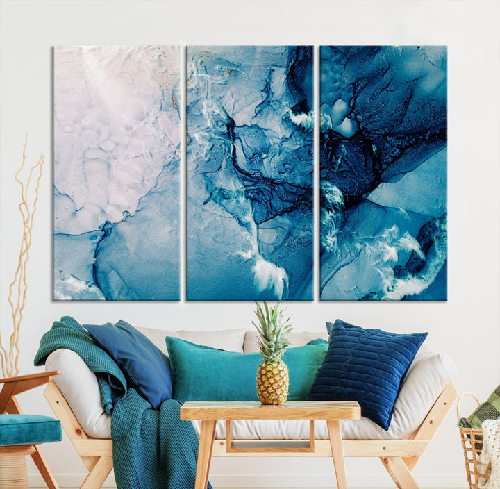 Large Blue Fluid Effect Abstract Marble Canvas Wall Art Print