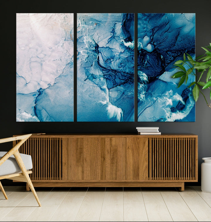 Large Blue Fluid Effect Abstract Marble Canvas Wall Art Print