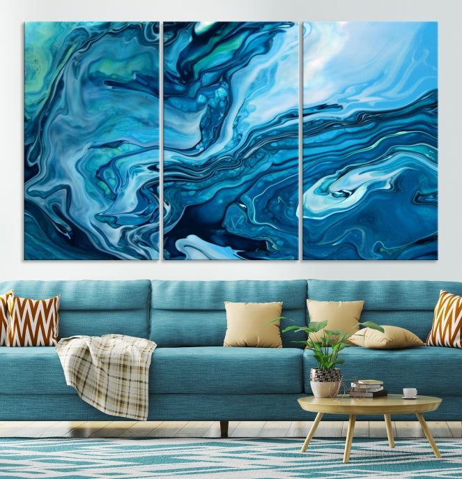 Large Blue Marble Fluid Effect Abstract Canvas Wall Art Giclee Print