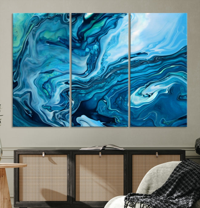 Large Blue Marble Fluid Effect Abstract Canvas Wall Art Giclee Print