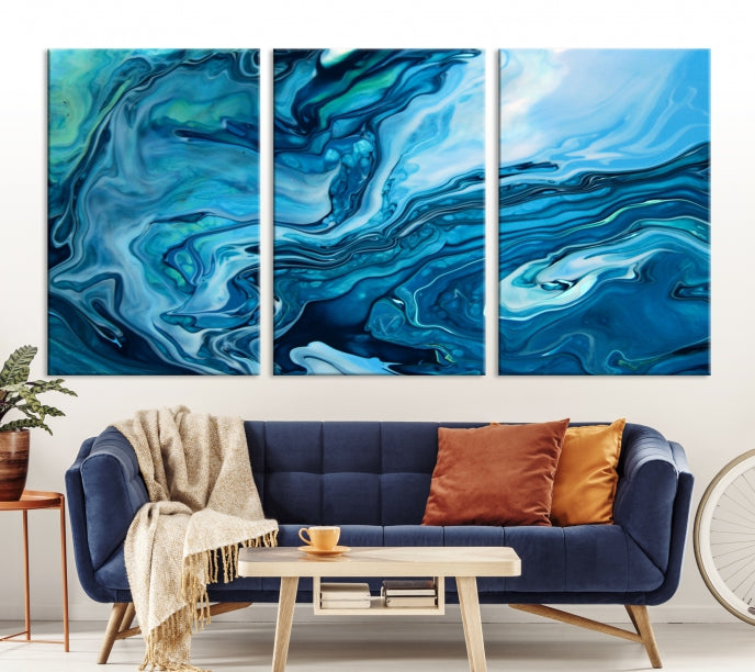 Large Blue Marble Fluid Effect Abstract Canvas Wall Art Giclee Print