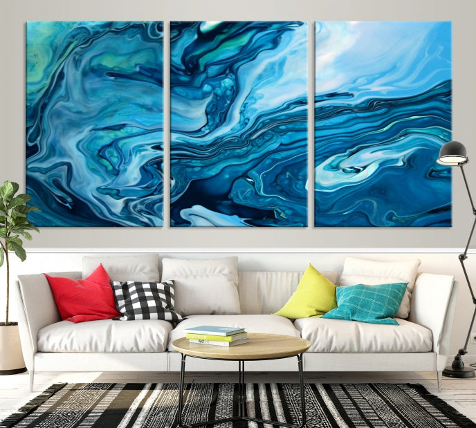 Large Blue Marble Fluid Effect Abstract Canvas Wall Art Giclee Print