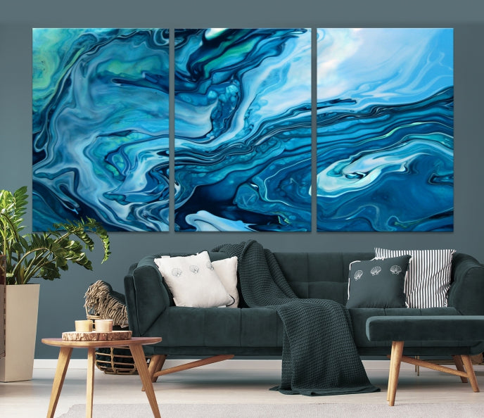 Large Blue Marble Fluid Effect Abstract Canvas Wall Art Giclee Print