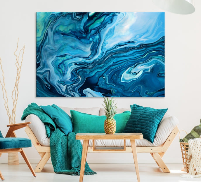 Large Blue Marble Fluid Effect Abstract Canvas Wall Art Giclee Print