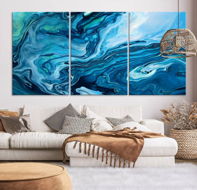 Large Blue Marble Fluid Effect Abstract Canvas Wall Art Giclee Print