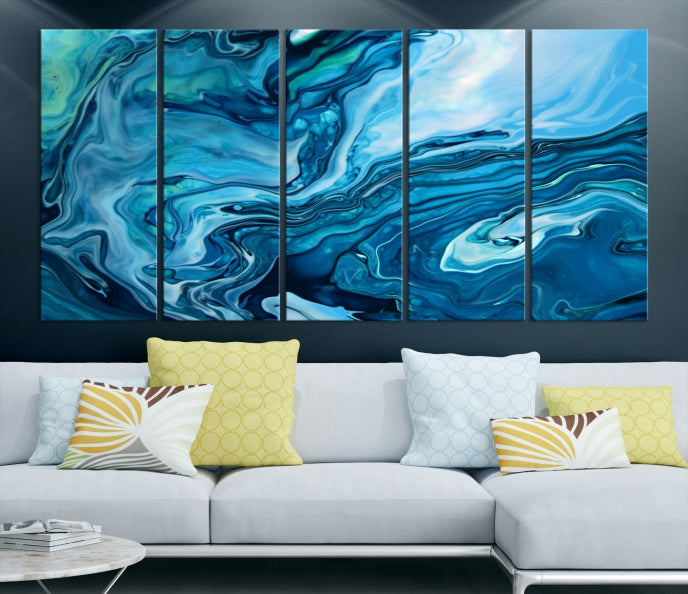 Large Blue Marble Fluid Effect Abstract Canvas Wall Art Giclee Print