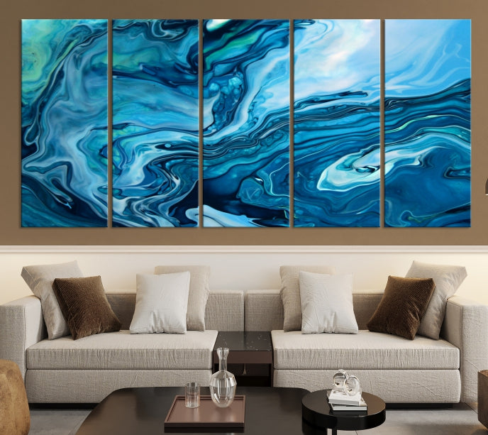 Large Blue Marble Fluid Effect Abstract Canvas Wall Art Giclee Print