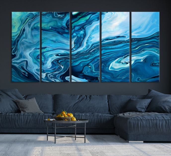 Large Blue Marble Fluid Effect Abstract Canvas Wall Art Giclee Print