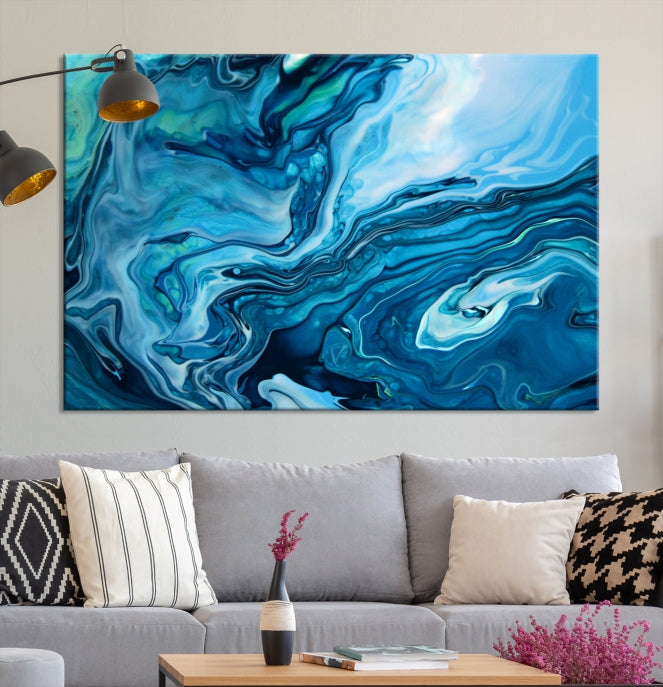 Large Blue Marble Fluid Effect Abstract Canvas Wall Art Giclee Print