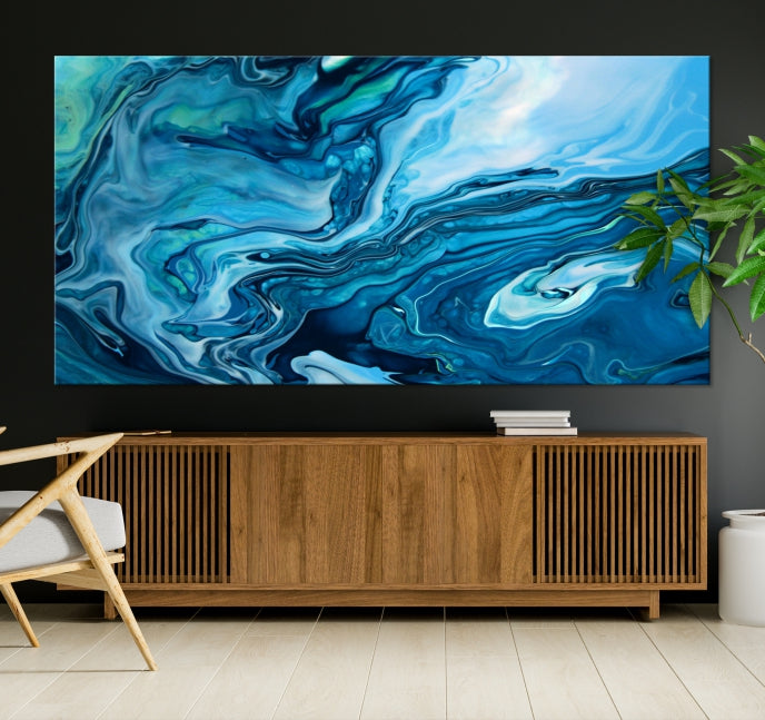 Large Blue Marble Fluid Effect Abstract Canvas Wall Art Giclee Print