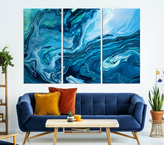 Large Blue Marble Fluid Effect Abstract Canvas Wall Art Giclee Print