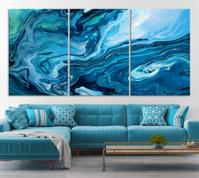 Large Blue Marble Fluid Effect Abstract Canvas Wall Art Giclee Print