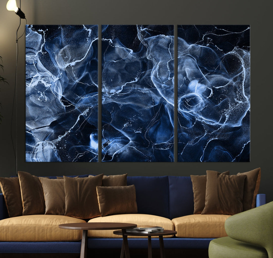 Large Blue Marble Smokey Effect Wall Art Modern Abstract Canvas Print