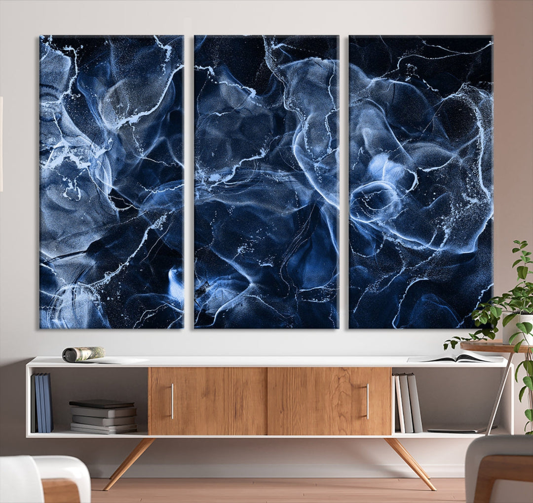 Large Blue Marble Smokey Effect Wall Art Modern Abstract Canvas Print