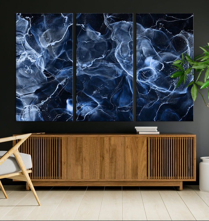 Large Blue Marble Smokey Effect Wall Art Modern Abstract Canvas Print