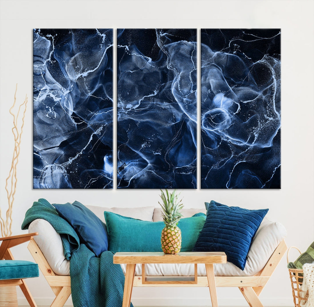 Large Blue Marble Smokey Effect Wall Art Modern Abstract Canvas Print