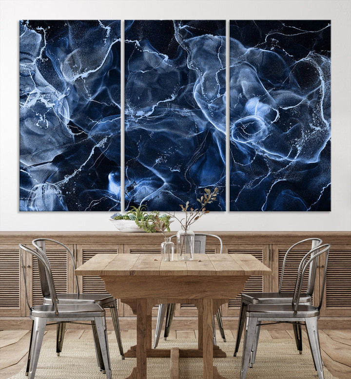 Large Blue Marble Smokey Effect Wall Art Modern Abstract Canvas Print