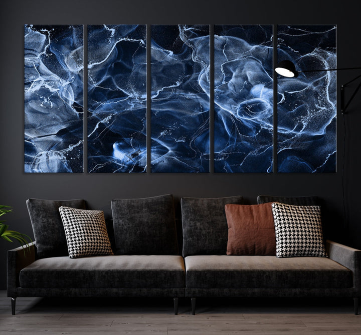 Large Blue Marble Smokey Effect Wall Art Modern Abstract Canvas Print