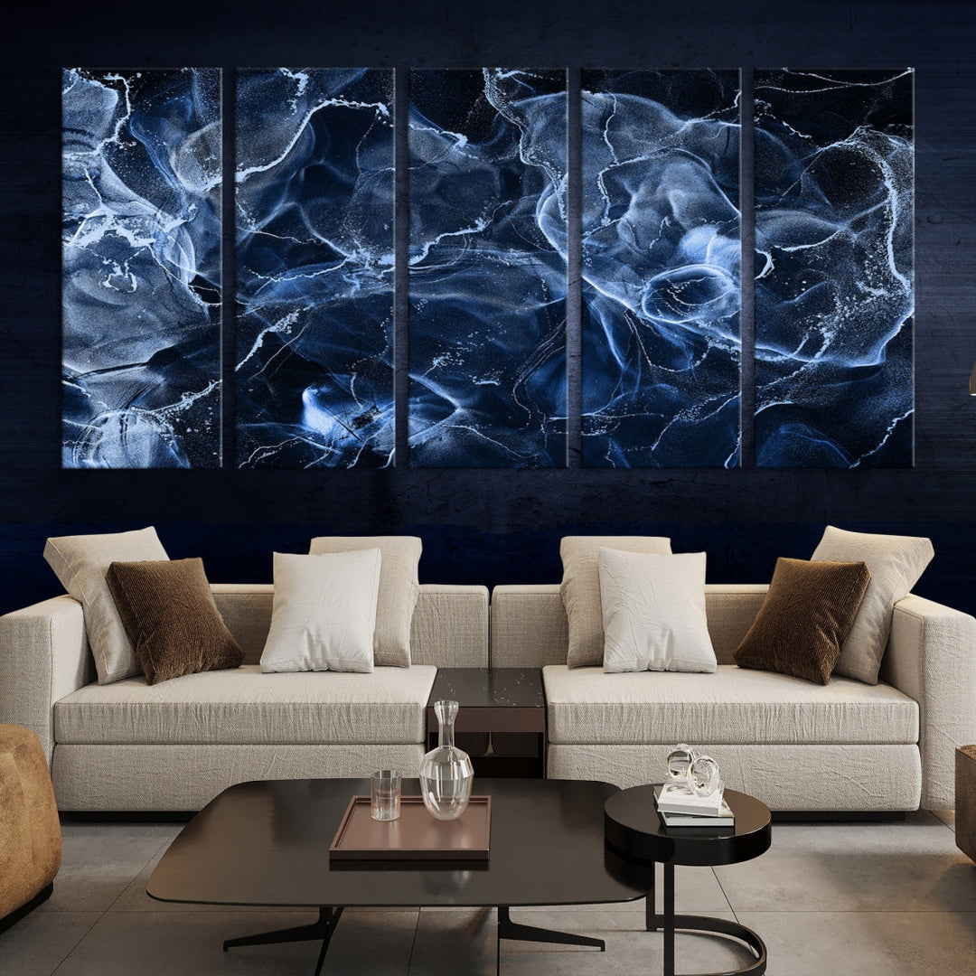 Large Blue Marble Smokey Effect Wall Art Modern Abstract Canvas Print