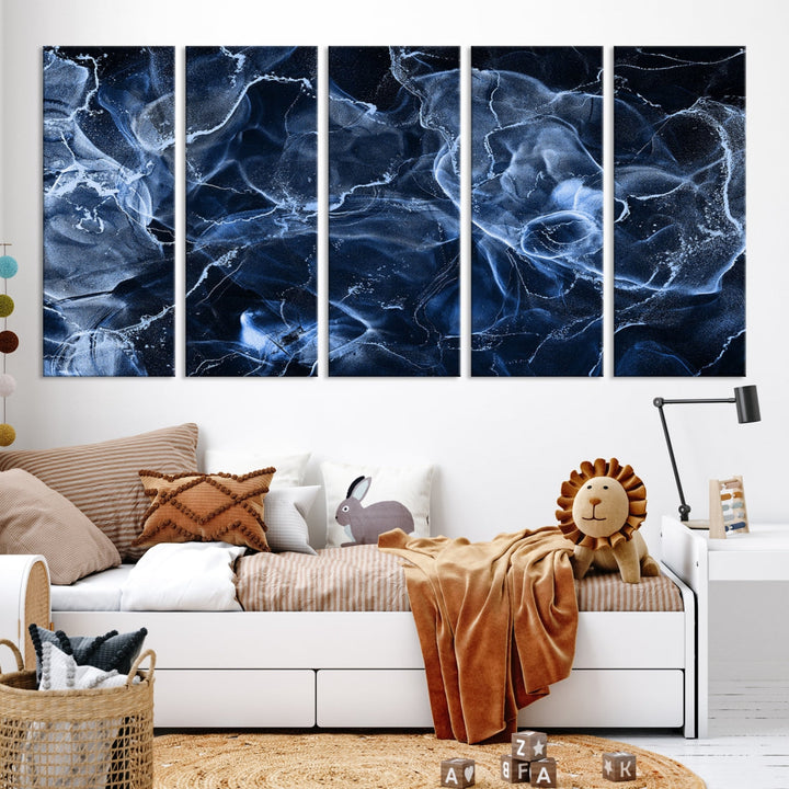 Large Blue Marble Smokey Effect Wall Art Modern Abstract Canvas Print