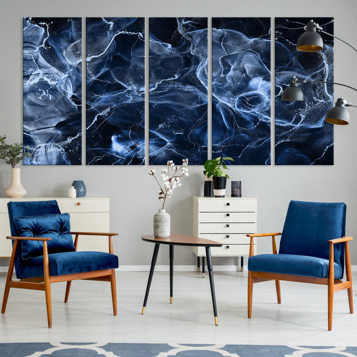 Large Blue Marble Smokey Effect Wall Art Modern Abstract Canvas Print